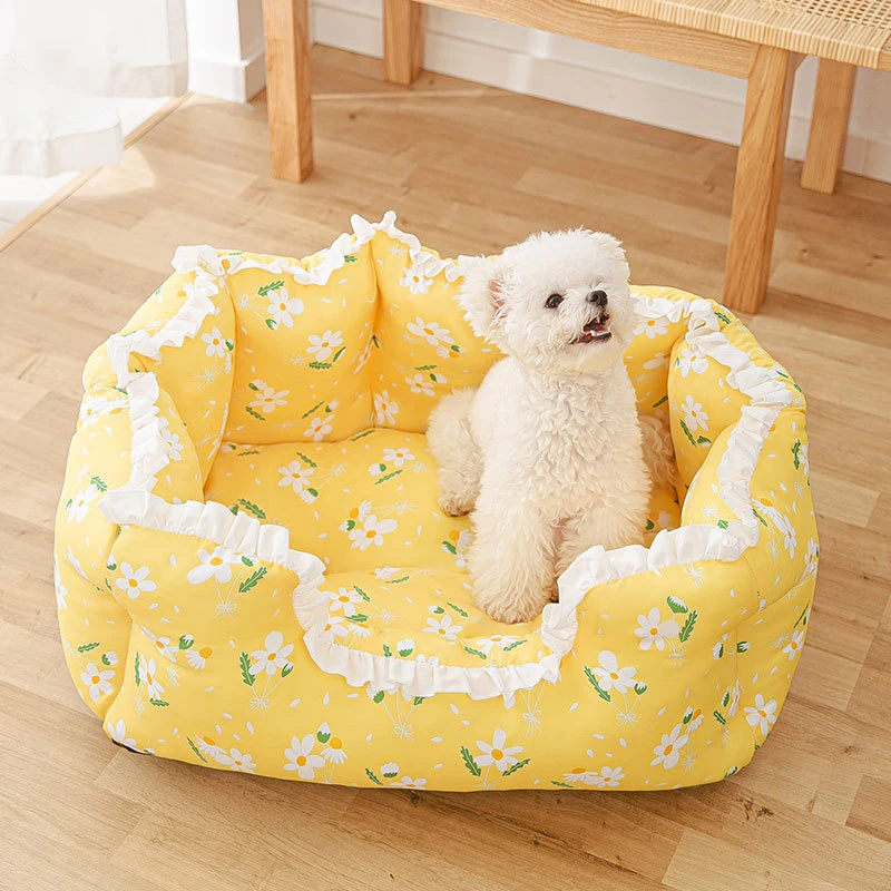 

Dog Bed Princess Pet House Flowers Print High Bolster Floral Kennels Cool Cat Sleeping Sofa Pillow Small Medium Puppy Cats 2021