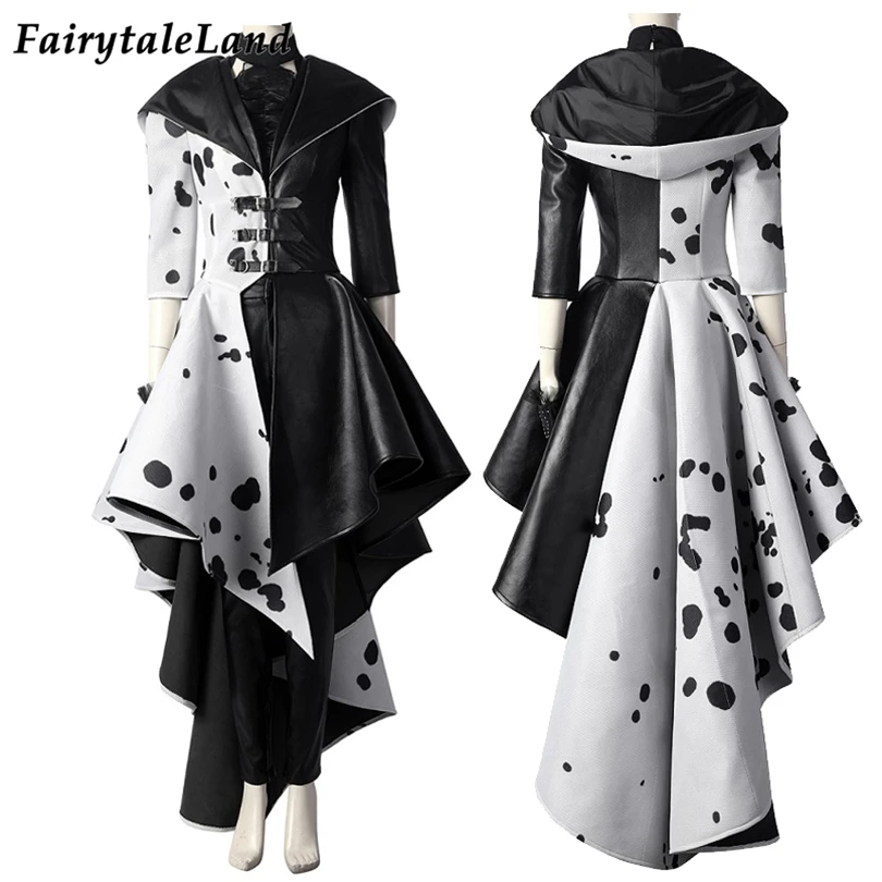 Костюм крееллы на Хэллоуин 2021 косплей королева зла черно-белое пальто вечернее