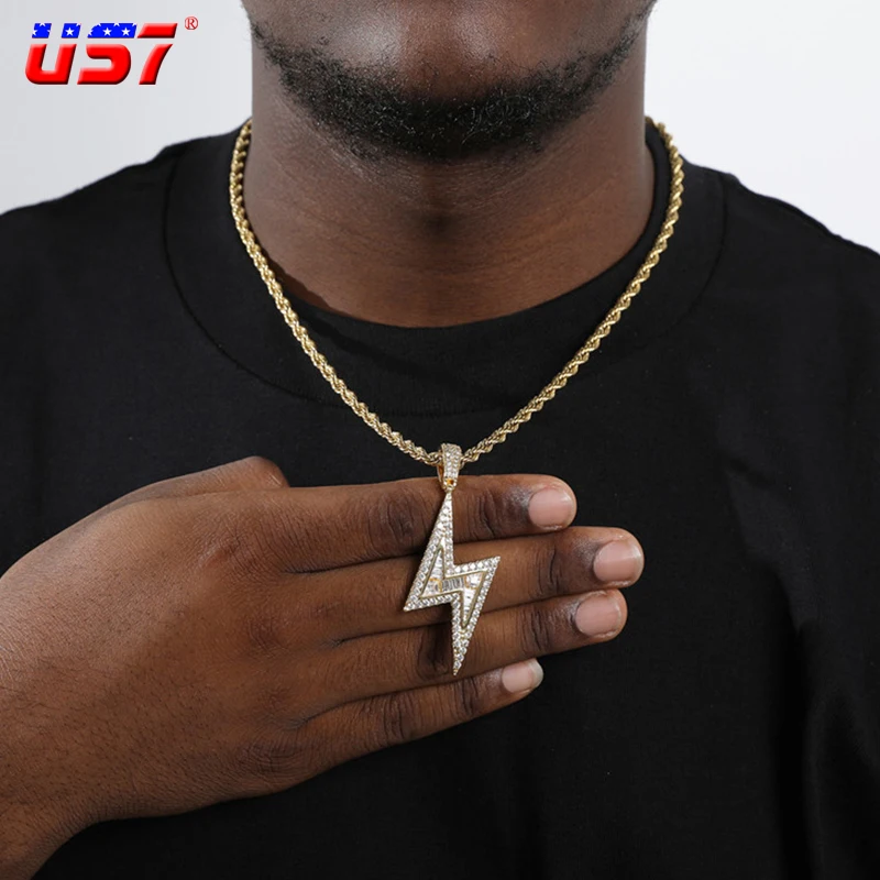 

Ожерелье US7 в виде холодного болта, подвеска в виде багета с фианитом и молнией для мужчин и женщин, модные цепочки золотого и серебряного цв...