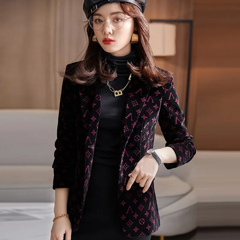 

High sense of printing suit jacket women's autumn 2021 new Korean version of the black slim temperament suit jacket