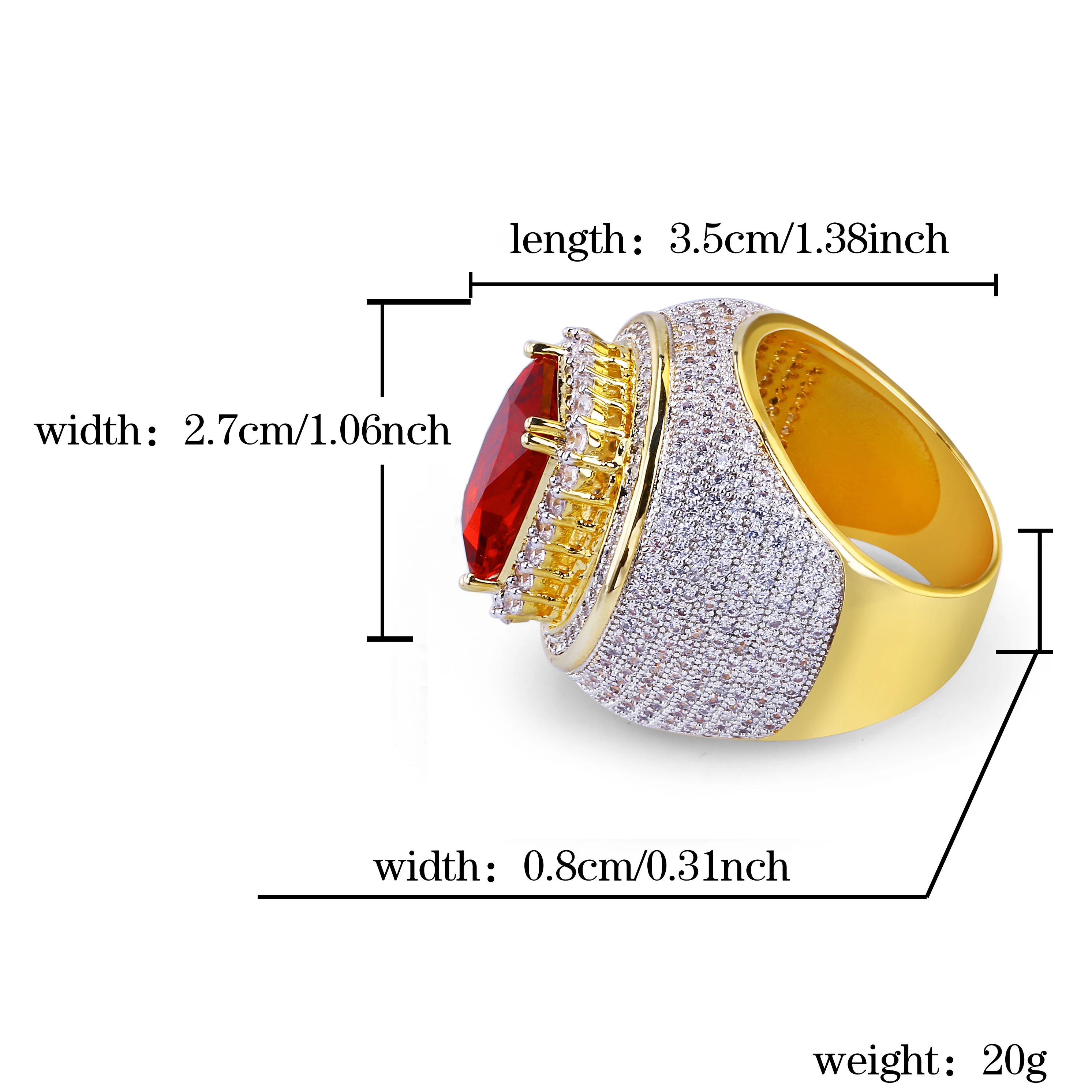 TOPGRILLZ Hip-Hop Classic Gold Color Plated Cubic Zircon Big Red Stone Ring Personality Fashion Men Women Jewelry Lover Gift | Украшения и