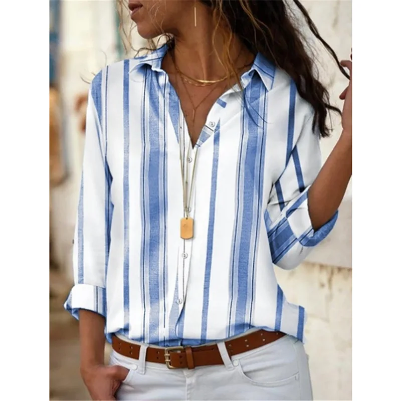 blue strap Осенняя женская шифоновая блузка, рубашки, повседневные с длинным рукавом, с v-образным вырезом, Женская рабочая одежда, элегантная женская блузка, рубашки размера плюс - Цвет: blue strap