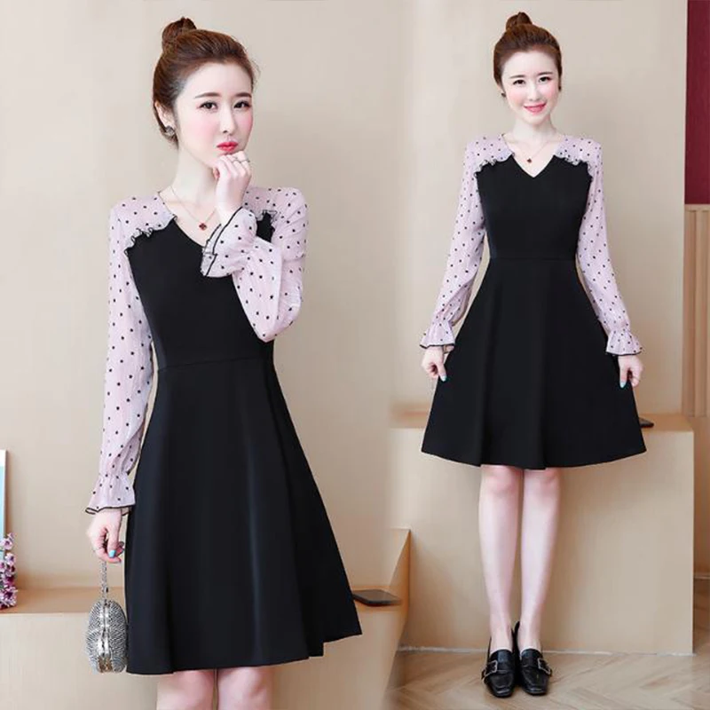

New Women's Fashion Dresses Elegant Women's Long Sleeve Dresses Women's Slim V-neck Fake Two Dresses SS747