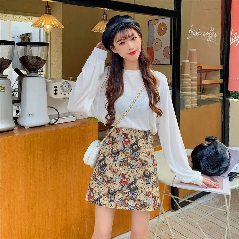 

2021 Spring Summer Women High Waist Short Skirts A Line Japanese Style Sweet Kawaii Loose Oversize Bear Print Female Mini Skirt