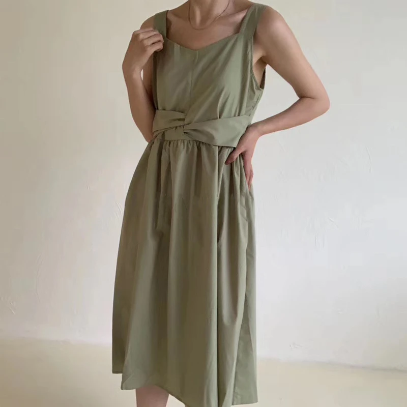 

Summer Sleeveless Tank Dress Solid Color Midi Dress Women Round Neck Knot Waist Chic Vestidos Korean Style Dress