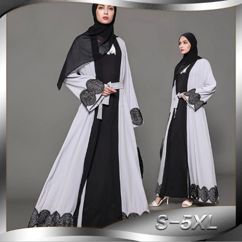 

Muslim Maxi Dress Lace Abaya Cardigan Kimono Long Robe Gowns Loose Tunic Worship Service Musulmane Middle East Islamic Clothing