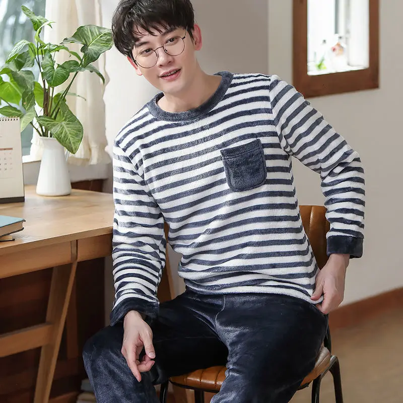 man pajama set Теплая Пижама Мужская Фланелевая Зимняя Толстая Пижама Мужская Толстая пижама с длинным рукавом Повседневная Осенняя Пижама для мужчин коралловый флис для сна XXXL - Цвет: man pajama set