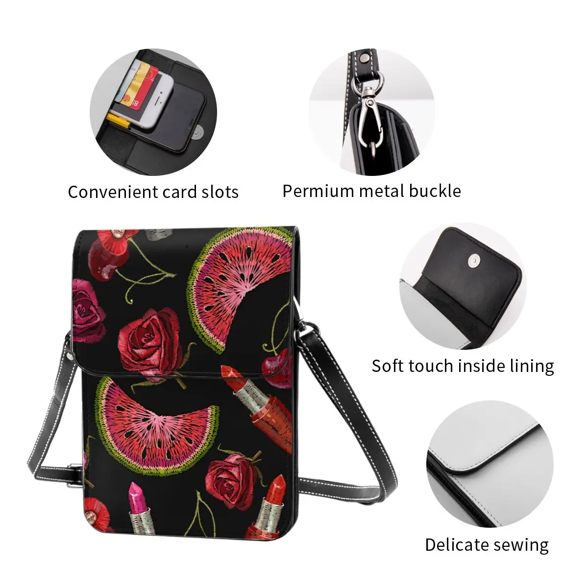 

Women Crossbody Bags Mini Phone Bag Embroidery Cherry And Summer Flowers Small Female Shoulder Bags Ladies Messenger Bag