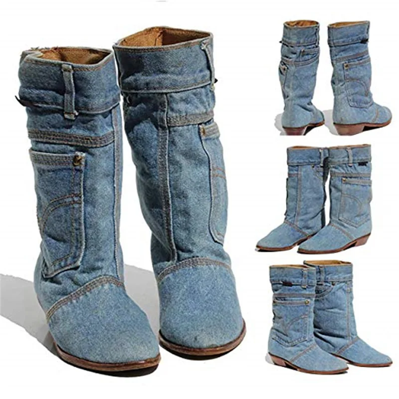 

low heel denim casual denim boot ladies autumn winter cowboy boots