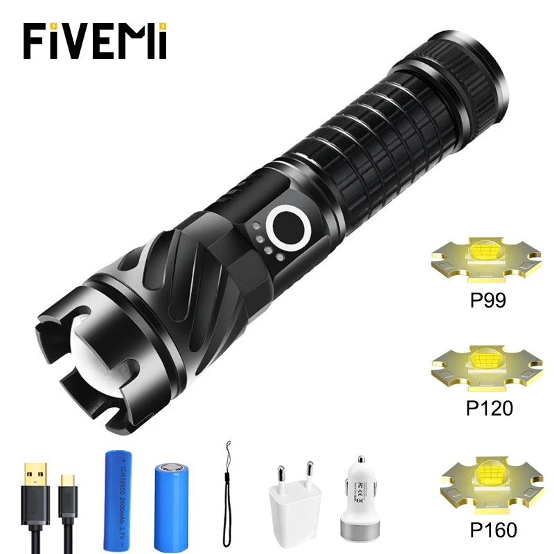 

Светодиодный фонарик, самый мощный фонарик P160/P120/P99, фонарик с 5 режимами, перезаряжаемый через USB, масштабируемый фонарик, водонепроницаемый...