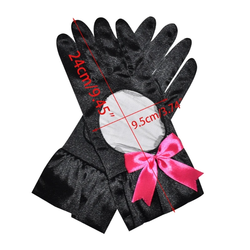 

Women Mesh Patchwork Short Satin Opera Gloves Contrast Color Bowknot Ruffles Wrist Length Formal Party Full Finger Mitten