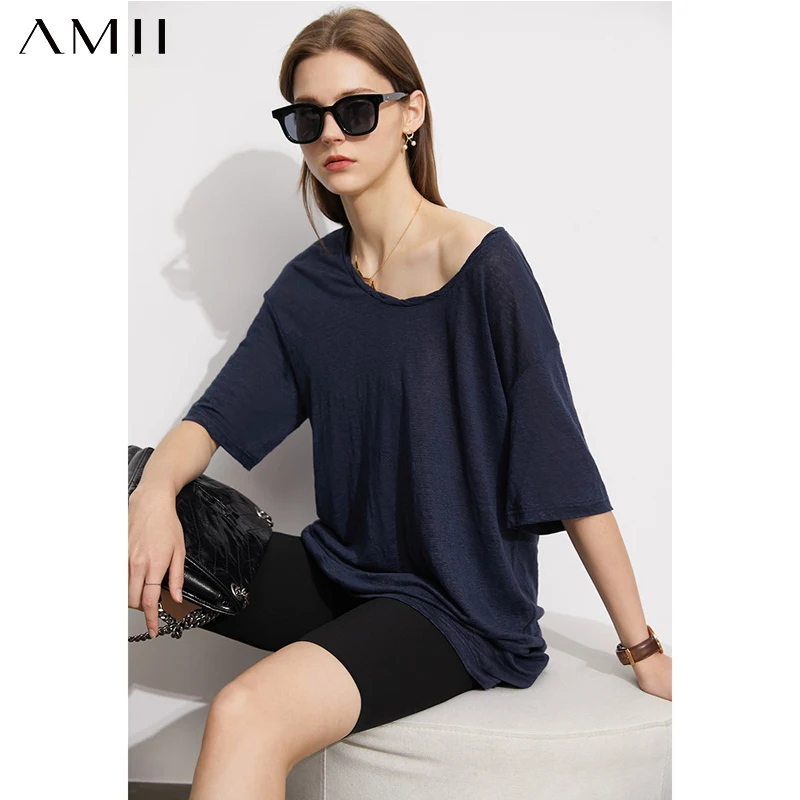 

Amii Minimalism Summer New Women's Tops Causal 100%Linen Solid Oneck Loose Women's Tshirt Offical Lady Women's Shirt 12120243