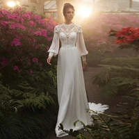 boho chiffon a line wedding dresses 2021 long puffy sleeves elegant lace bohemian bridal gowns arabic vintage vestido de noiva