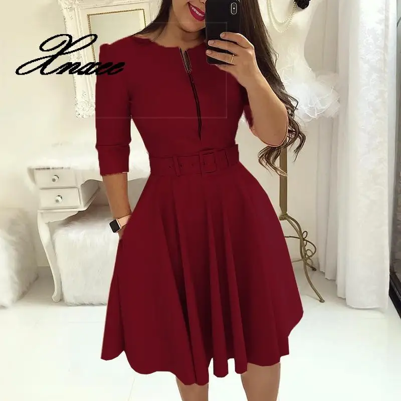

Xnxee Female Zipper Belted Work Dresses Women Elegant O-Neck Party Dress Spring Half Sleeve Office Lady A Line Pleated Dress