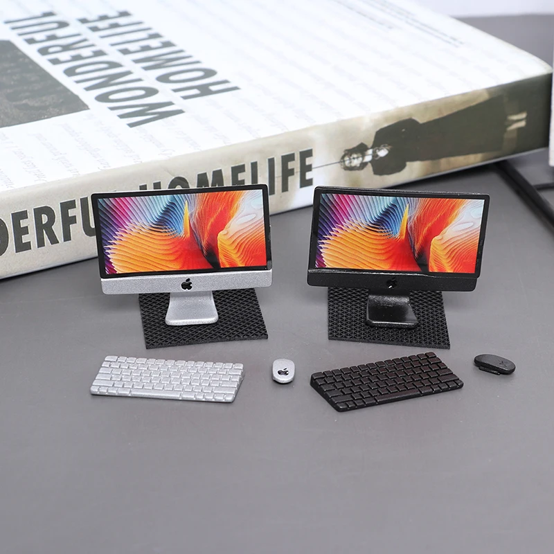 

1Set 1/12 Scale Mini Computer + Mouse + Keyboard Book Stationery Model for Miniature Dollhouse Study Room Furniture Toy