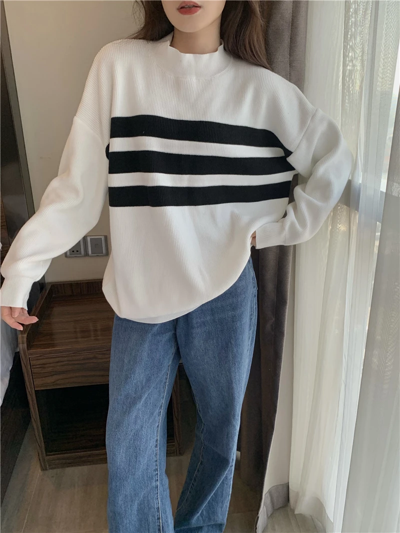

Женский жаккардовый пуловер с круглым вырезом, Свободный Повседневный трикотажный пуловер в полоску, в винтажном стиле, весна 2022