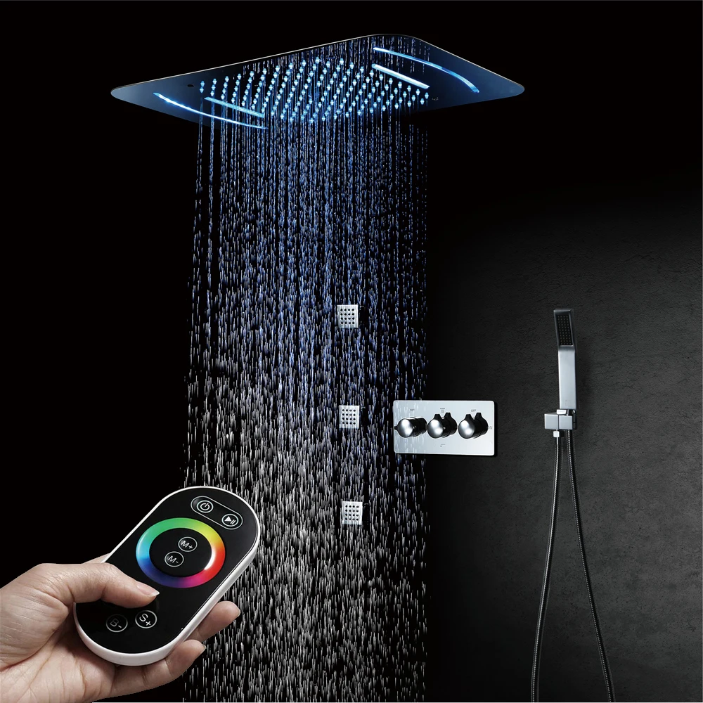 

LED Shower Head SUS304 38x58cm Waterfall Rainfall Embedded Ceiling Bathroom Hot and Cold Water Shower Faucet Set with Body Jet