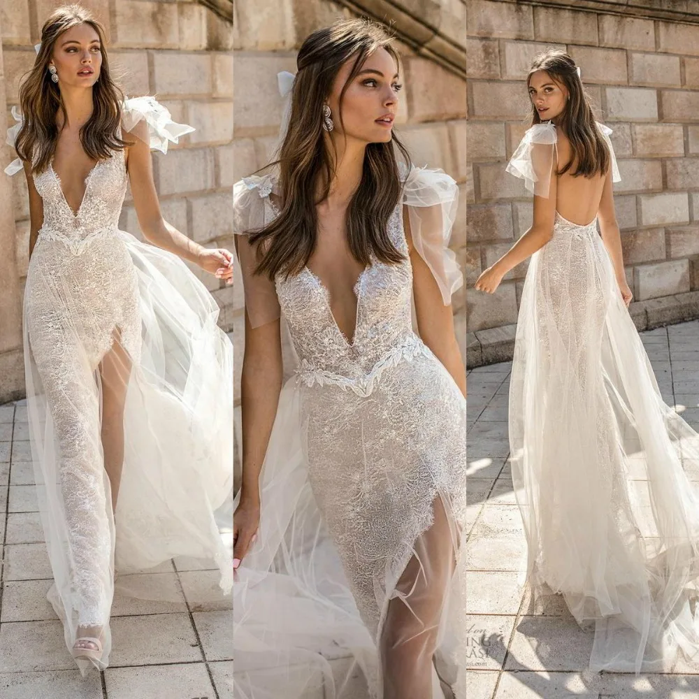 Berta Modern Lace Beach Wedding Dress Boho Plunge V Neck Sexy Fashion Open Back Bohemian Bridal Gowns 2019 Robe de mariee | Свадьбы и