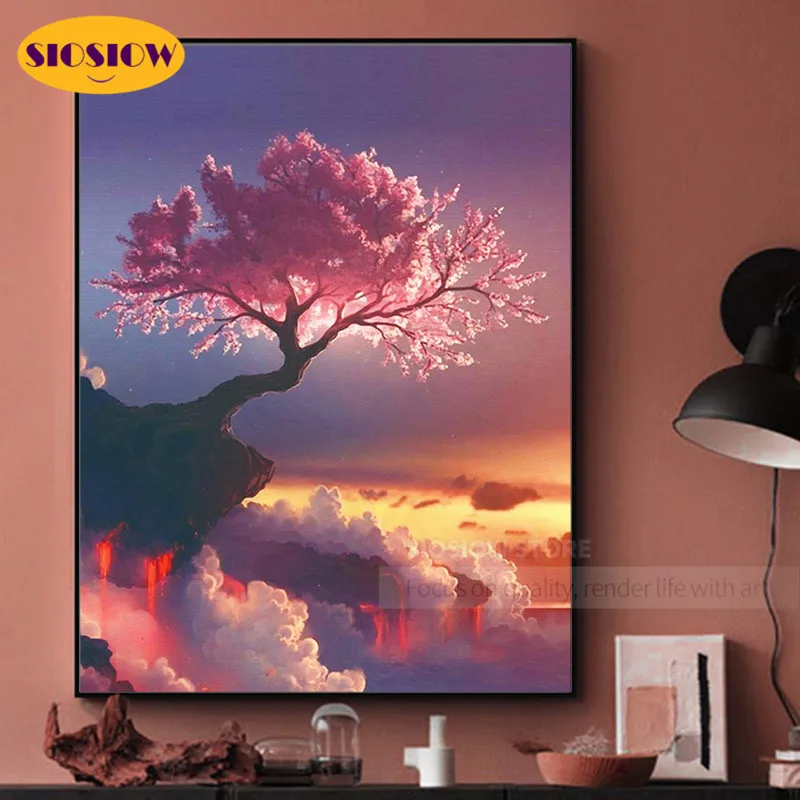 Алмазная 5d картина сделай сам с закатом пейзажем деревом полноразмерная круглая