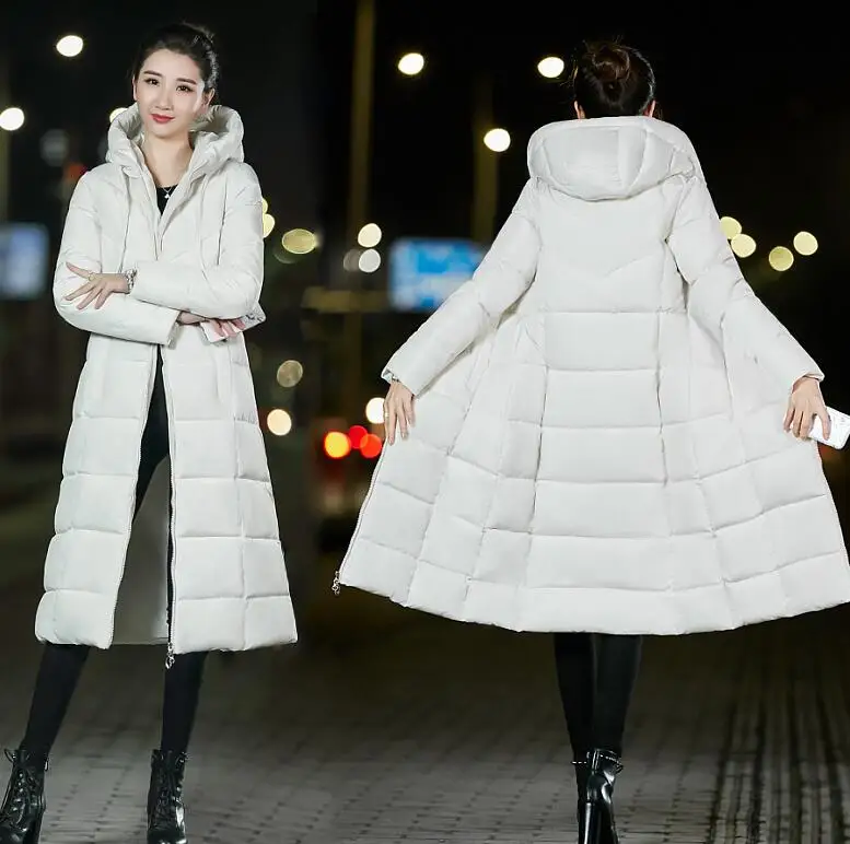 Женская парка, модная зимняя женская куртка, 6XL, manteau femme hiver, хлопковое пальто, женская куртка с капюшоном, тонкая Длинная парка - Цвет: Бежевый