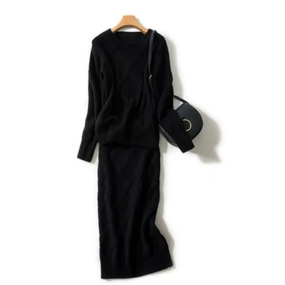 

Plus Size Women Sweater Tops And Skirt Suits Long Sleeve Pullovers Sweater Casual Knitted Skirts Two Piece Set