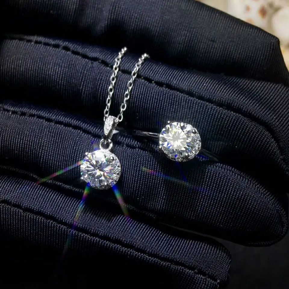 MeiBaPJ 1 карат Moissanite Алмазный Ювелирный Набор 925 Серебряное кольцо кулон ожерелье 2