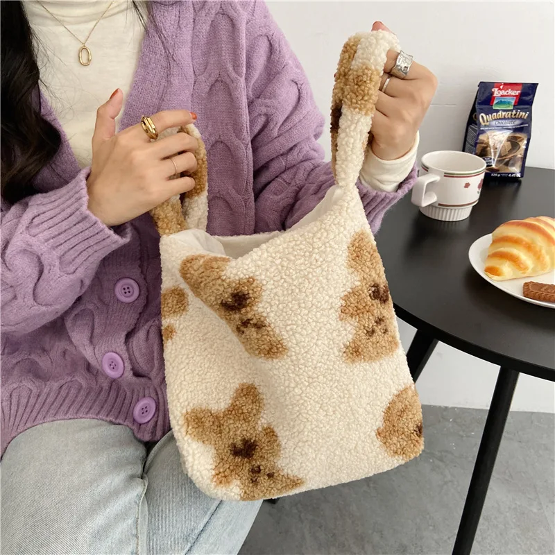 

Cartoon Plush Women's Handbags Female Winter Warm Cloth Tote Bag Girls Shopper Bag Organizer For Cosmetics