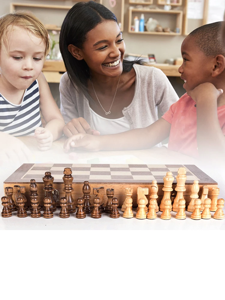 

Wooden Folding Chess Set Game Board Backgammon Checkers Travel Games Birthday Gift For Kids Parent-child Interactive Toys