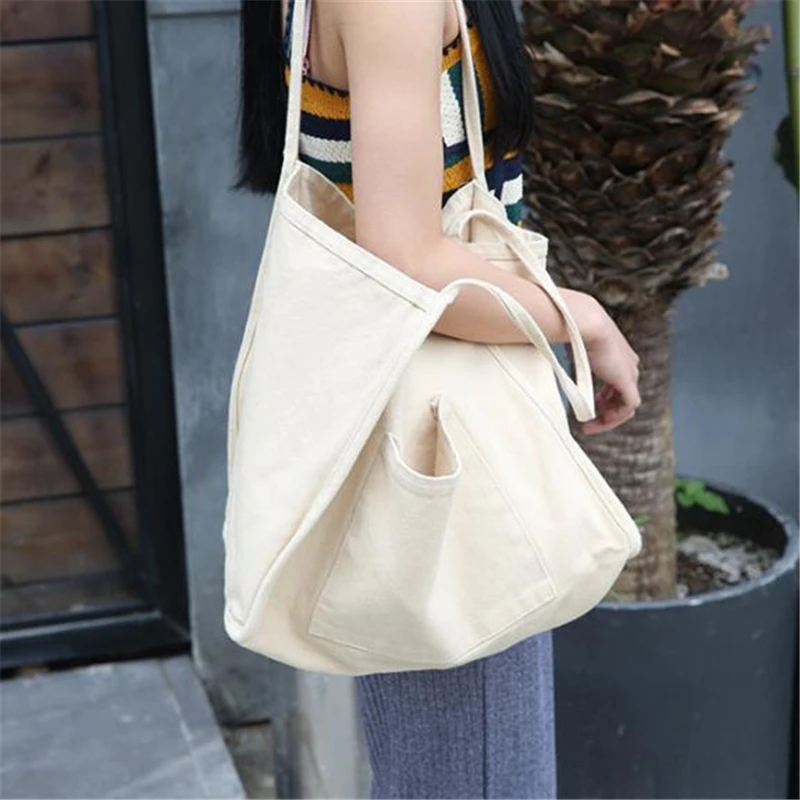 

Women Big Canvas Shopping Bag Reusable Soild Extra Large Tote Grocery Bag Eco Environmental Shopper Shoulder Bags For Young Girl