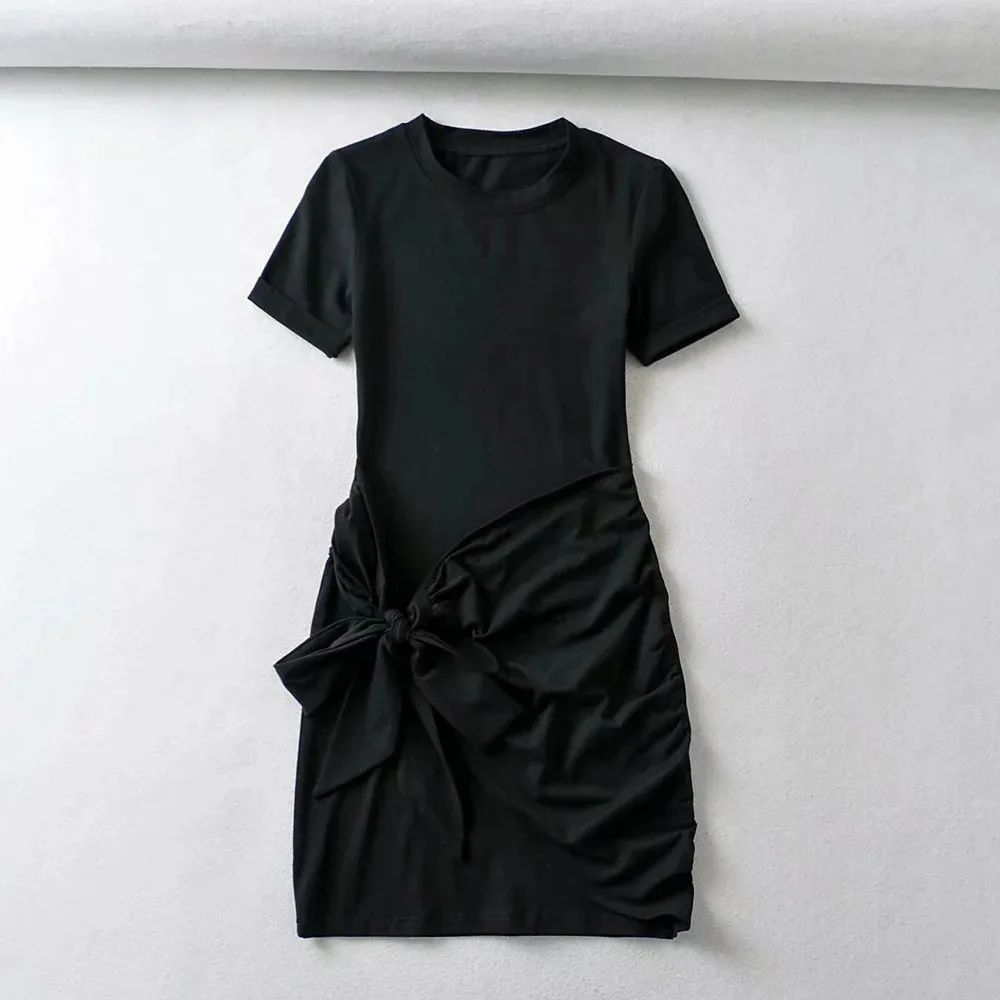 

OMCHION Vestidos 2021 Spring Summer O Neck Short Sleeve Bow Bodycon Dress Women Casual Folds White Bandage Solid Dresses BT33