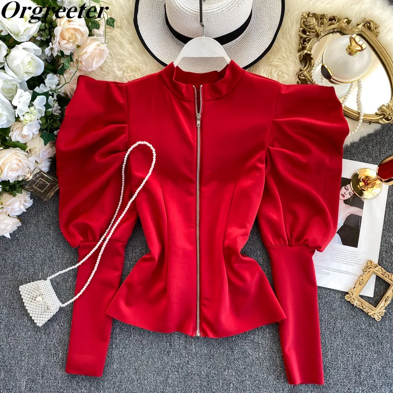 

Ruched Solid Blouse&Shirt For Women Stand collar Zipper Puff sleeve Female Tops Streetwear Spring Autumn Fashion New 2020