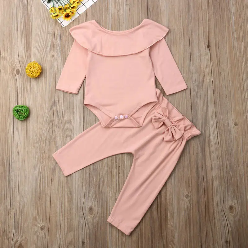 

Autumn Spring 2Pcs Toddler Kids Baby Girl Ruffle Bodysuit Romper Top Solid Bowknot Pants Trousers Long Sleeve Outfit Clothes Set