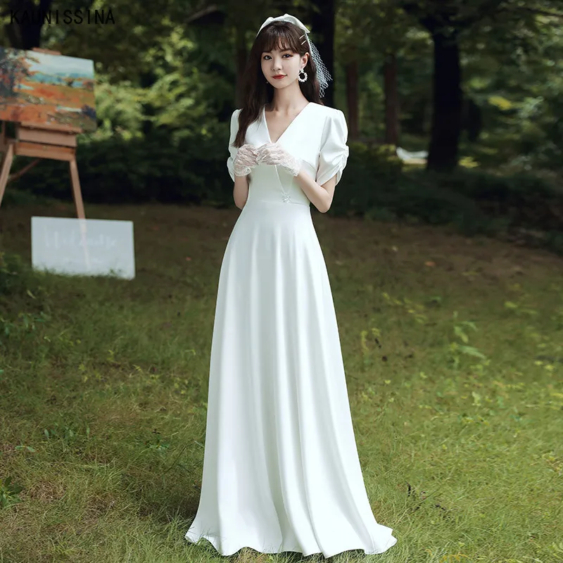 

KAUNISSINA Wedding Dress V-Neck Short Sleeve A Line Boho Simple Bridal Gowns vestido de noiva Elegant Long Satin Bride Dresses
