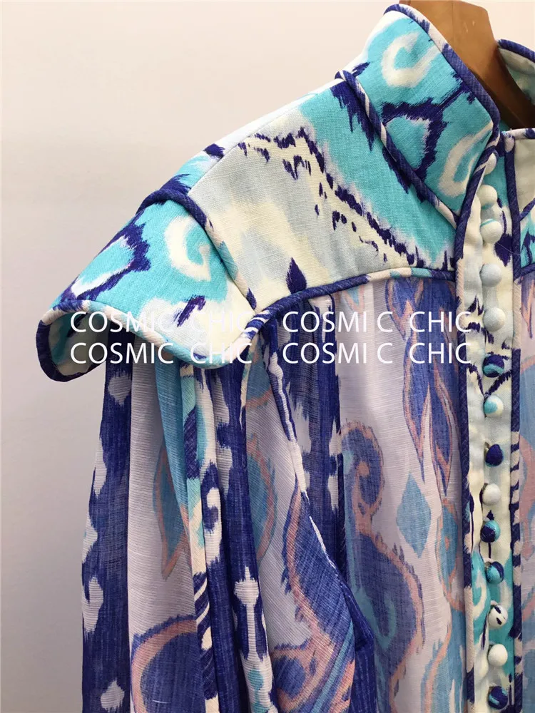 Cosmicchic фонарь с длинным рукавом Бохо льняное короткое платье со стоячим воротником принт рюшами Русалка мини сексуальное винтажное подиумное вечернее платье