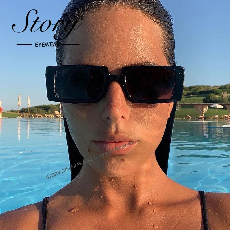 История трендовые черные прямоугольные солнцезащитные очки для женщин и мужчин