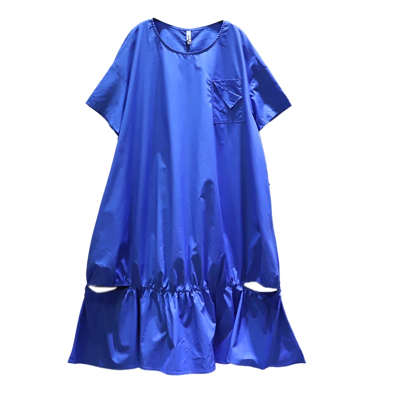 

IEQJ Women Patchwork Pocket Pleated Ruffles Dress New Round Neck Short Batwing Sleeve Over Size Fashion Spring Autumn 2021 8P558