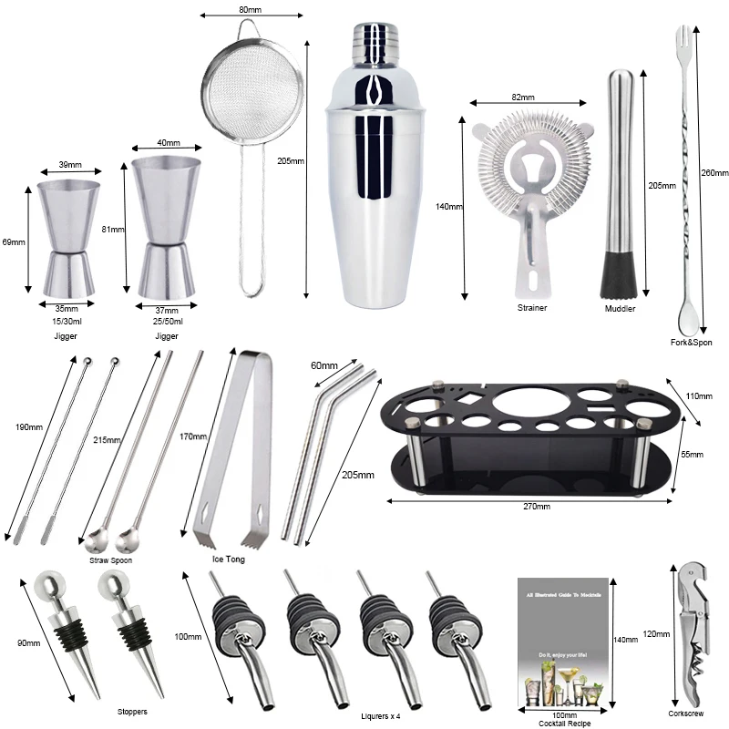 750/550ml 800/600ml Stainless Steel Cocktail Shaker Bar Tools Set with 25/19oz Jigger Muddler Mixer Cork Recipe Book Holder | Дом и сад