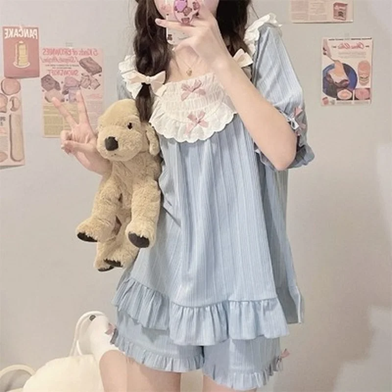 

Harajpee Sweet French Pajama Square Collar Kawaii Lace Patchwork Short Sleeve Ruffles Home Wear Suit Women Two Piece Set Summer