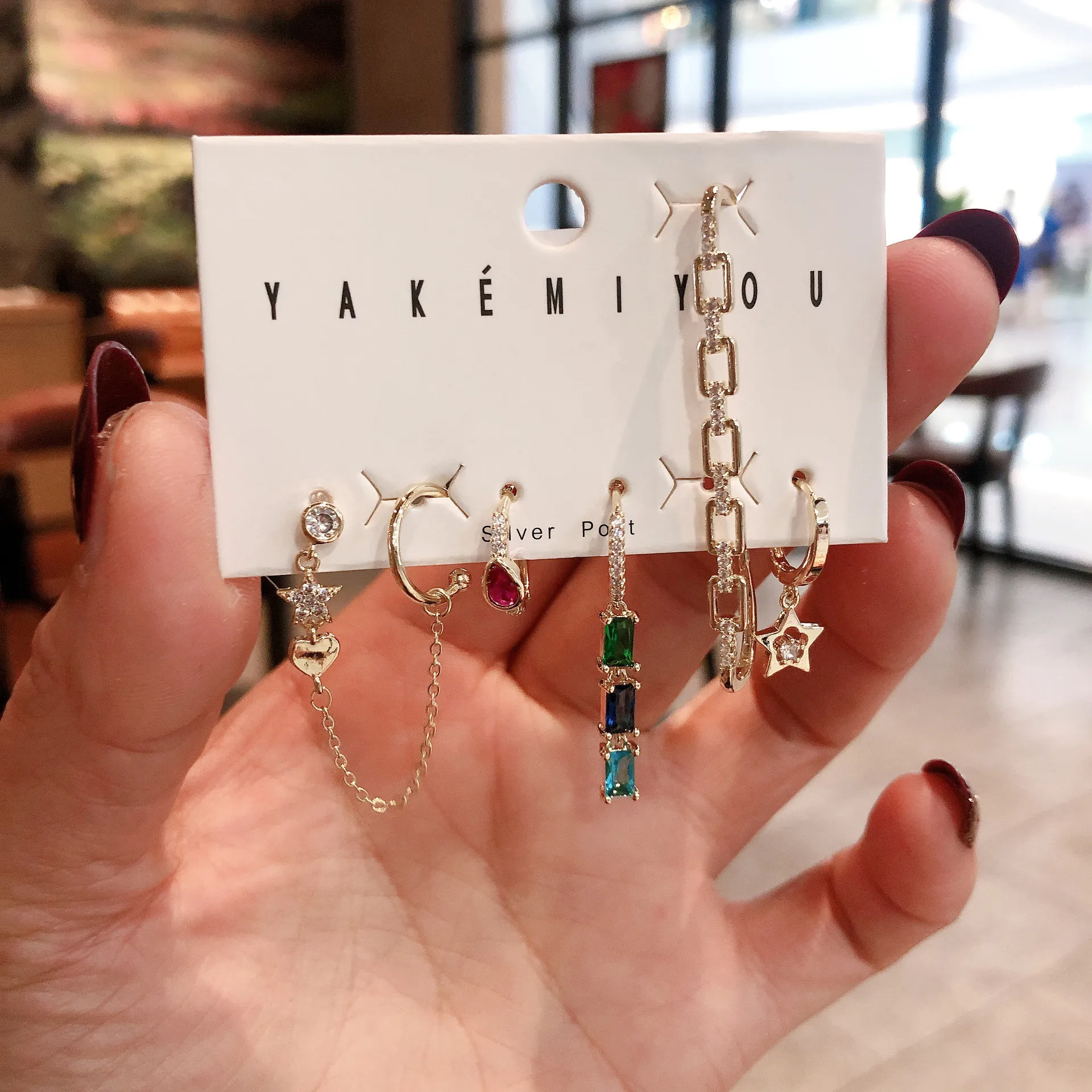 

New Fashion Cubic Zircon Geometric chain Star Heart Sets Earrings 6 Pcs small Hoop Earrings Set For Women Girls Jewelry 2020