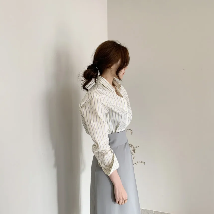 

HziriP OL Elegant Basic Striped Shirt Women 2021 New Autumn Fashion Chic Loose Blouses Long Sleeve Lapel Shirts Femme Blusas