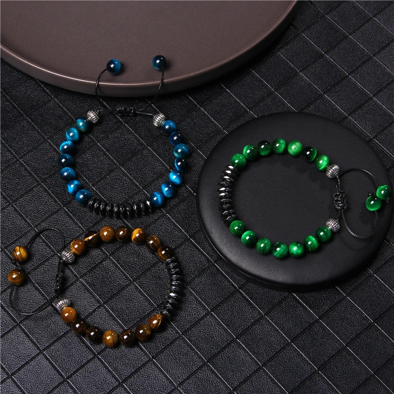 

Tiger Eye Beads Bracelet In Various Colors Faceted Hematite Charm Adjustable Rope Length Braided Bracelets For Men Women Jewelry