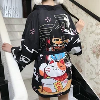 ins red black lucky cat print 2020 loose summer beach cardigan girls harajuku japanese fashion kimono style woman tops yukata