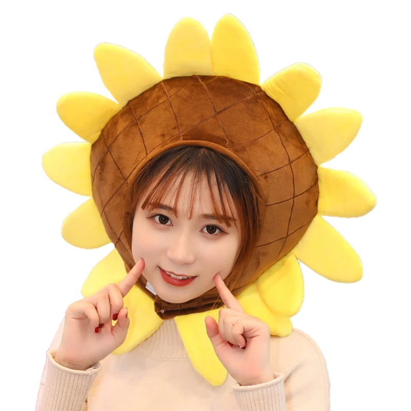 

Lovely Sunflower Shape Plush Hat Funny Stuffed Toys Headgear Warm Cap Photo Prop M5TE