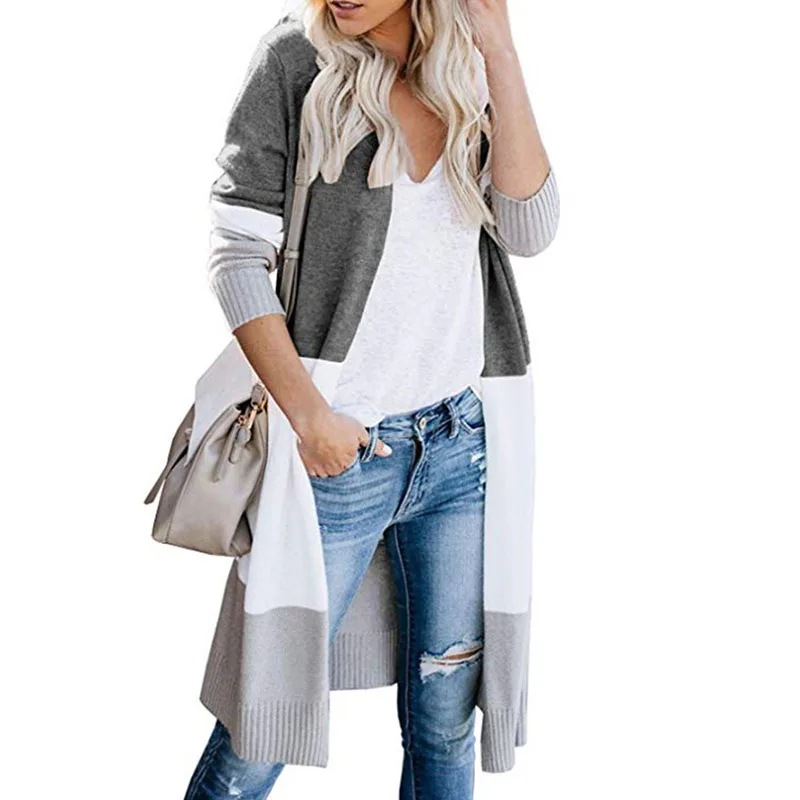 Autumn and winter casual long-sleeved three-color stitching cardigan women's clothing |