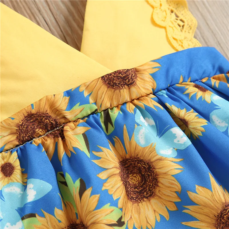 

Baby Sunflower Print Clothes Set Girls Sleeveless V-neck Jumpsuit with Lace+ Bow-knot Headband