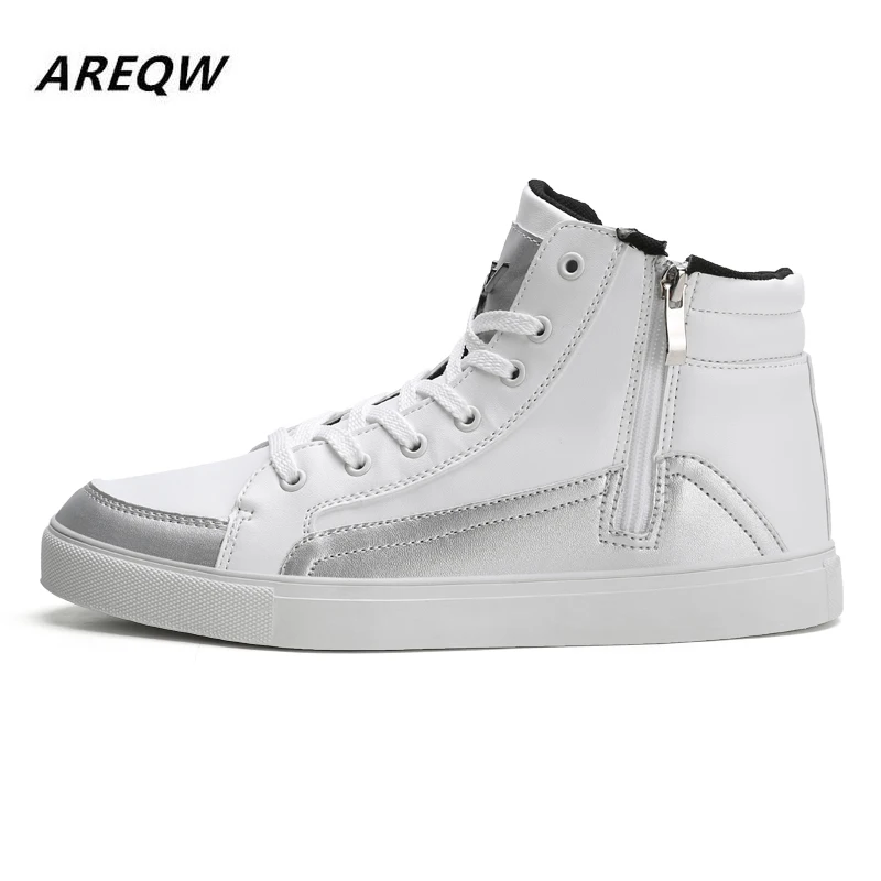 Мужские высокие кроссовки черные повседневные кожаные на плоской подошве с