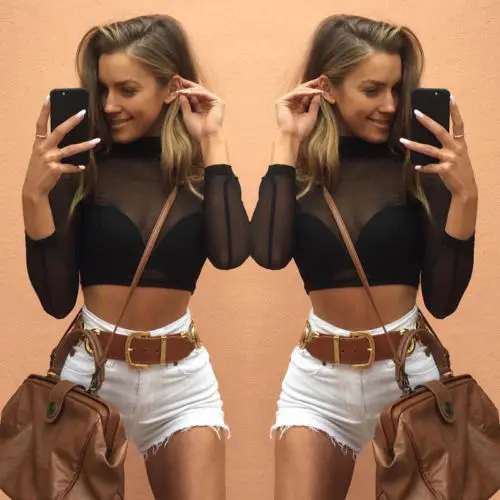 

Autumn Hot S-XL Transparent Black Crop Top Women Mock Neck Long Sleeve Mesh Sheer Crop Top Female Office Lady Short T-Shirts
