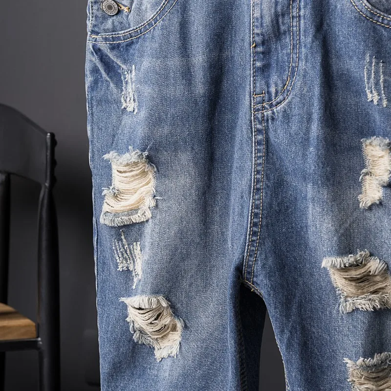 Boys Summer Casual Denim Shorts Knee Length Jumpsuits Hole Ripped Jeans Zipper Mens Streetwear Washed Suspenders | Мужская одежда