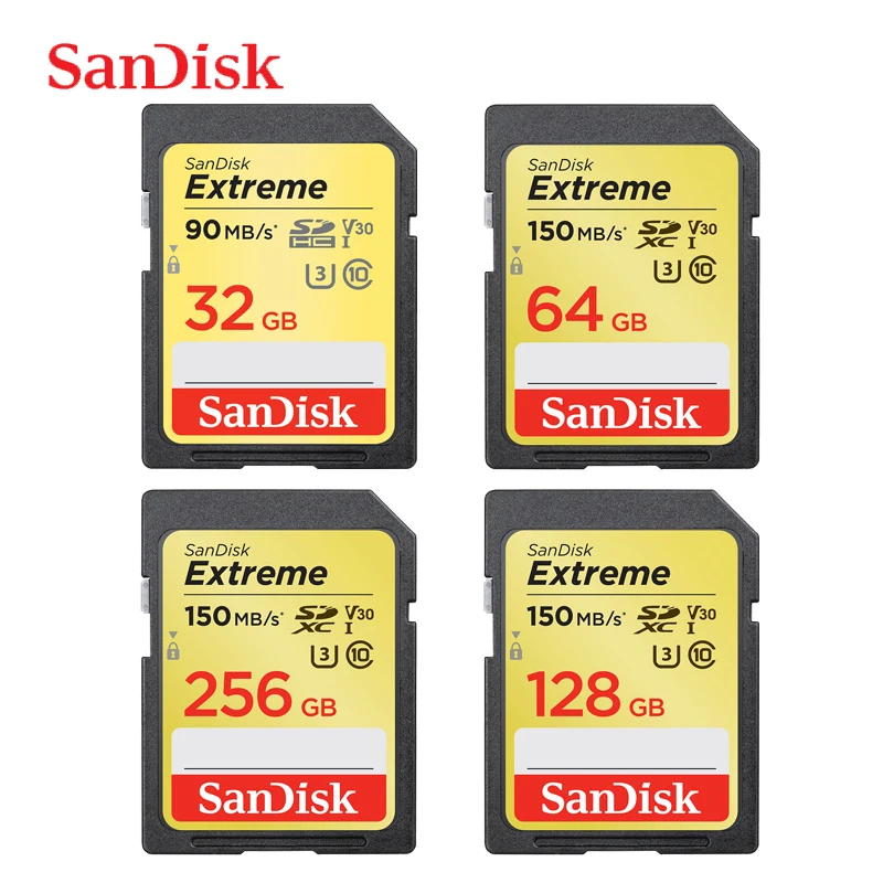 

SanDisk Memory Card Extreme SD Card 4K UHD 32GB SDHC 64GB 128GB 256GB SDXC C10 U3 V30 up to 150M/s For 1080p 3D Full HD Camera