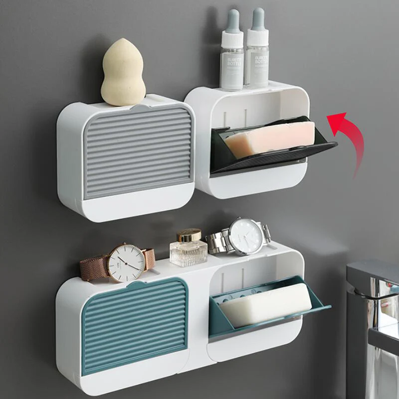 

1/2 Grid Drain Soap Holder Flip Soap Box Bathroom Accessories Storage Box Drawer Tray Shelf Wall Mounted Free Perforation